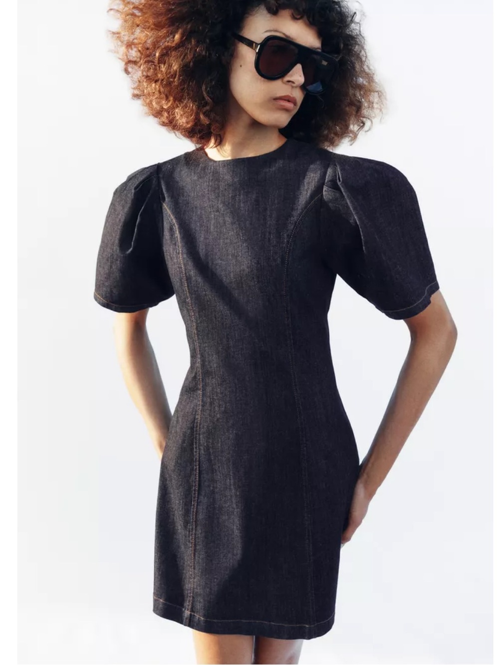 Zara Black Puff-Sleeve Denim Mini Dress
